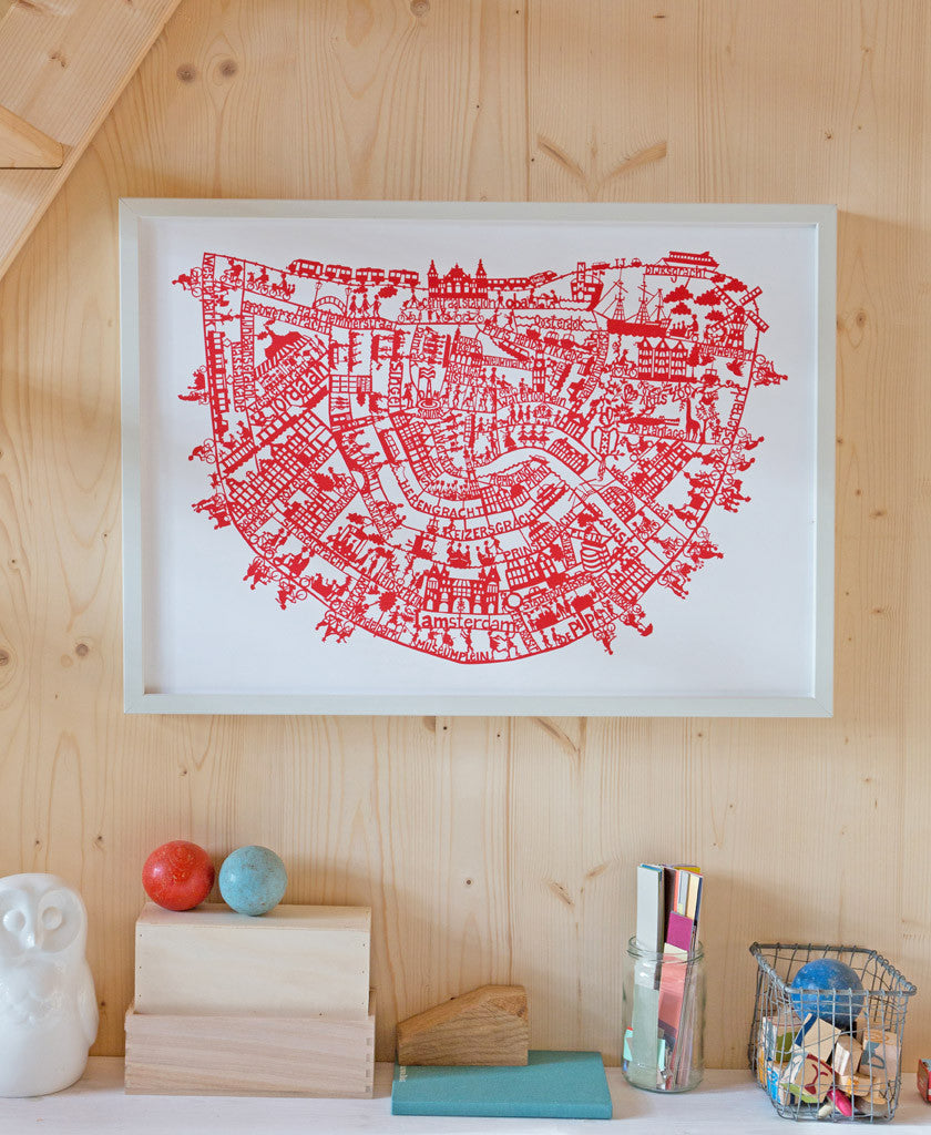Amsterdam map art print. Hand screen printed in red. Print size 50 x 70cm