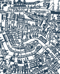 Amsterdam wall art map in blue. Hand screen printed on high quality paper